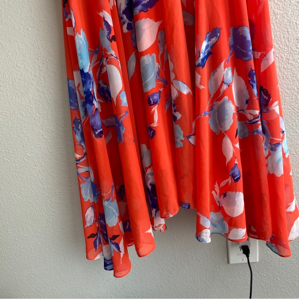 Eliza J floral Ruffle Midi Dress v neck Orange Red - Picture 3 of 8